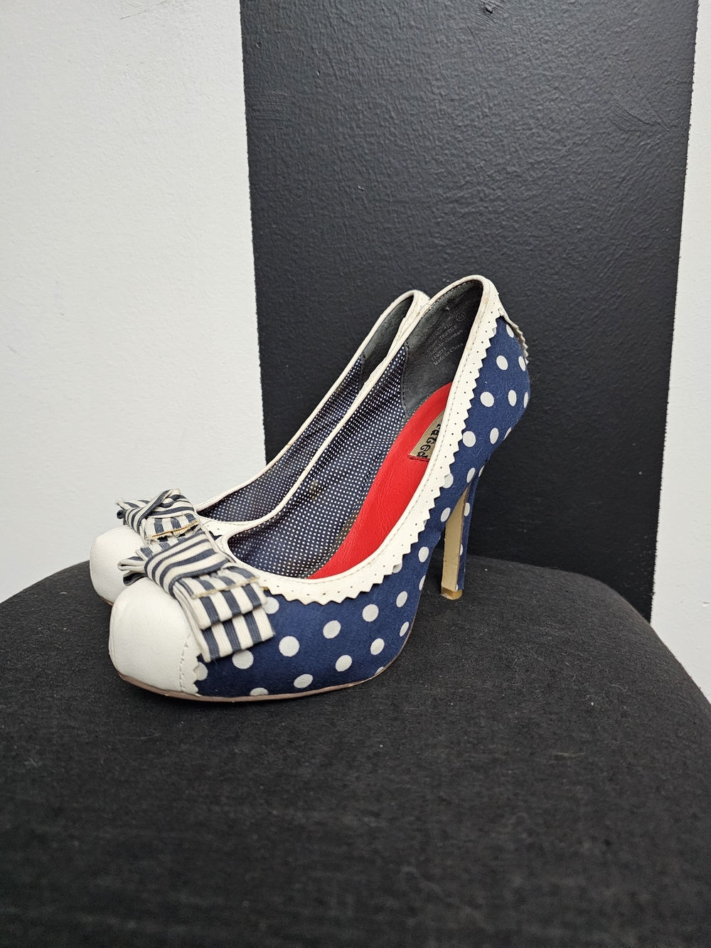 Not Rated Navy Polka Dot Peep-Toe Heels with White Trim